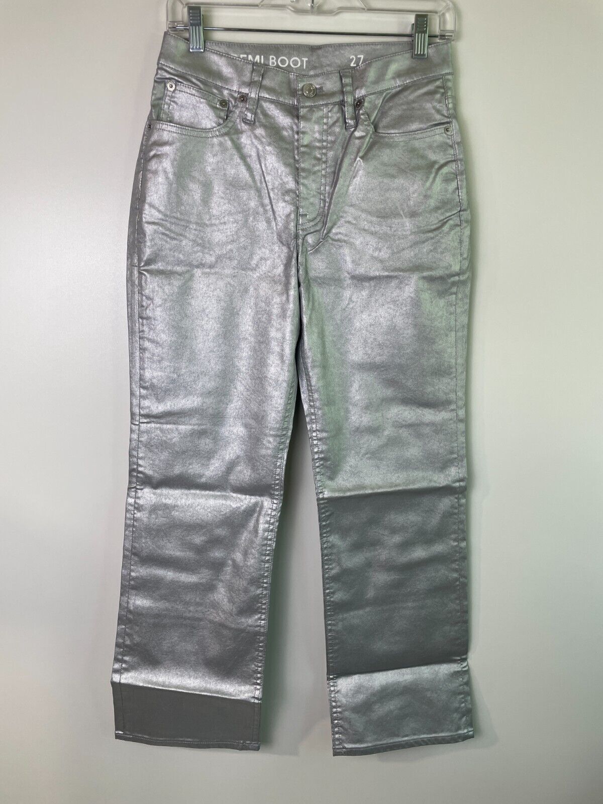 J Crew Womens 27 Slim Demi-Boot Jeans Coated Silver Semi-Flared Hem BM817