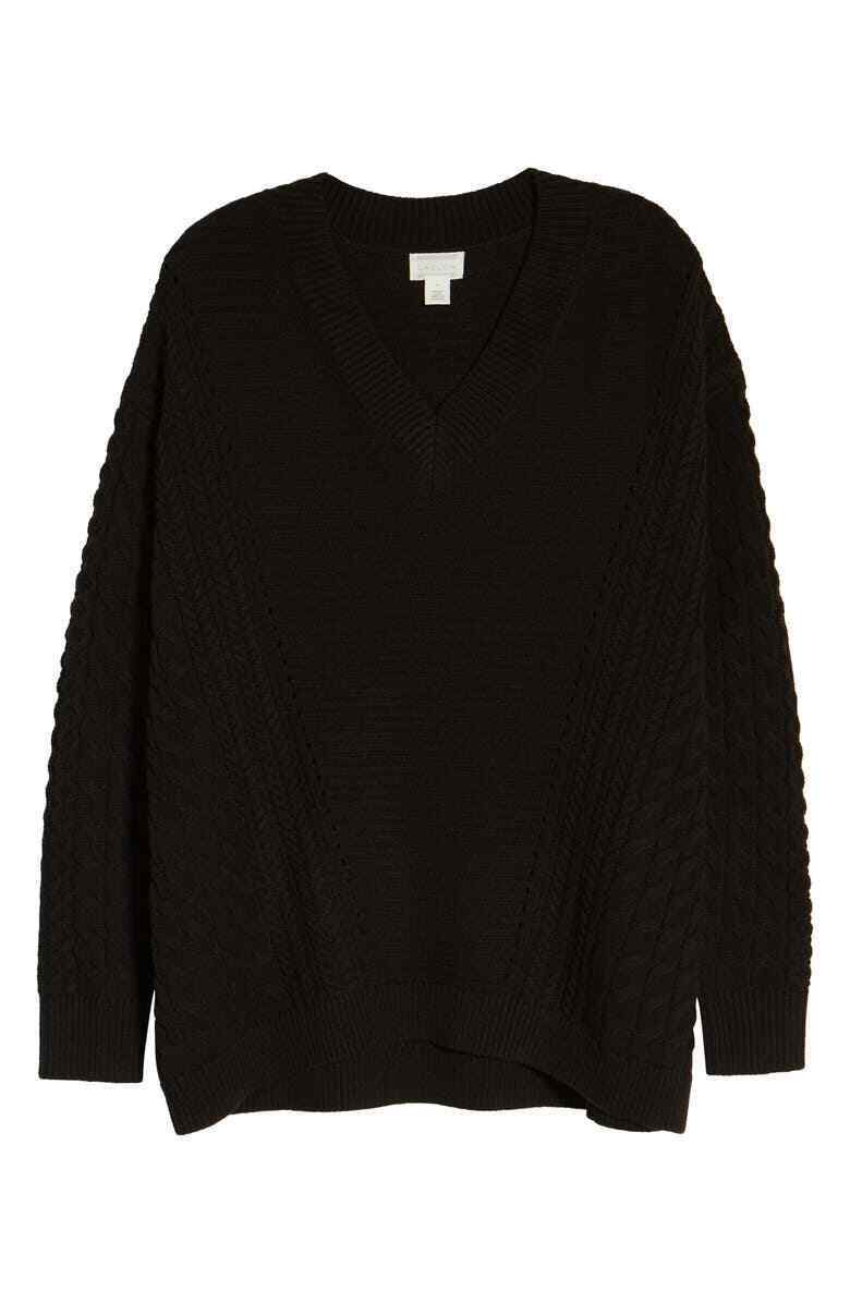 Caslon Womens S Black Cable V-Neck Pointelle Sweater Pullover Knit