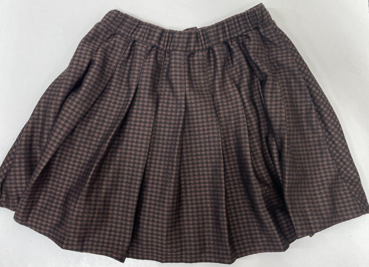 Zara Kids Girls 8 Pleated Plaid Skirt Brown Button Front Elastic Waist 1165/766