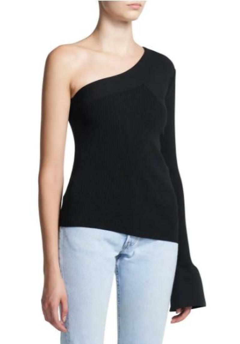 Theory Womens S Black Ribbed One-Shoulder Sweater Paneled Bell Sleeve Top