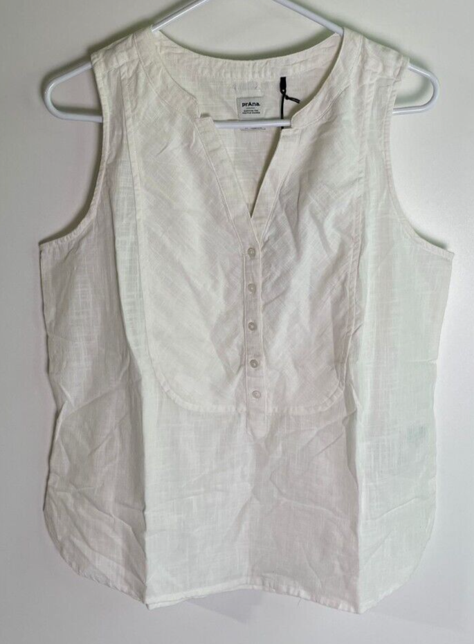 prAna Womens M Katya Essential Tank Top V-Neck White Stripe 1970941 Sleeveless