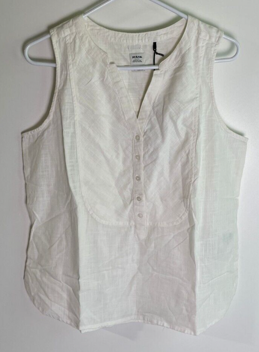 prAna Womens M Katya Essential Tank Top V-Neck White Stripe 1970941 Sleeveless
