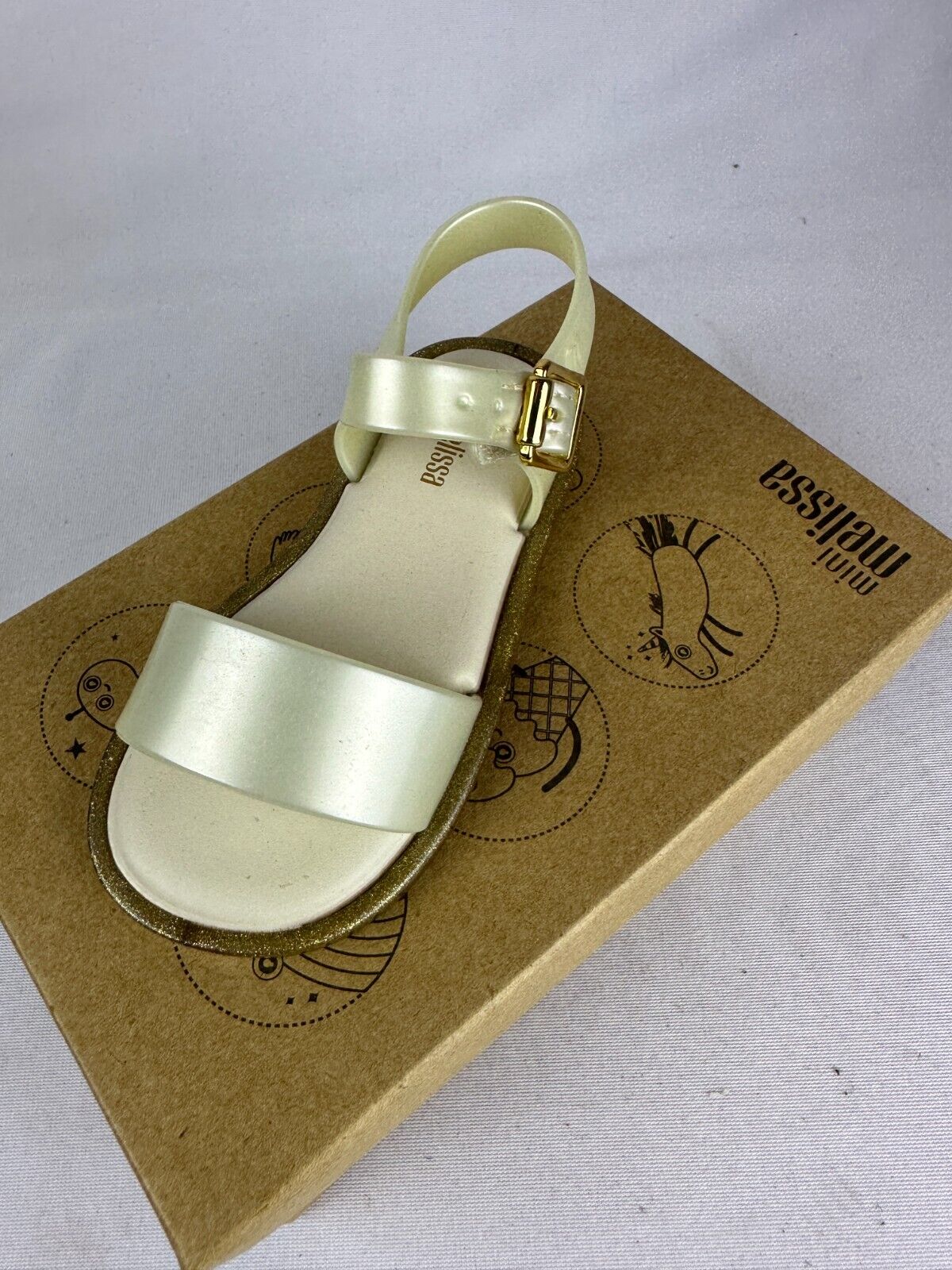 Mini Melissa Toddler 8 Girls Mar Sandal III White Glitter Ankle Strap 32633