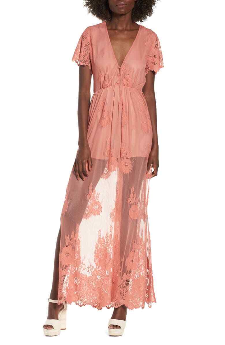 Show Me Your Mumu Womens S Alina Maxi Romper Lace Dress Pink Blush NWT