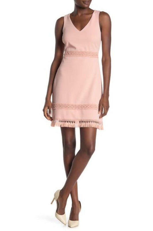 Kensie Womens 8 Blush Pink Keyhole Back Solid Crochet Tassel Trim Sheath Dress