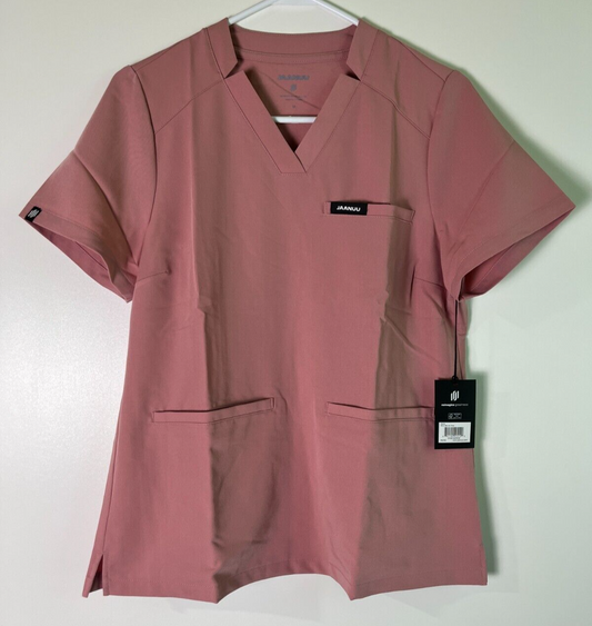 JAANUU Women's M Helia Slim Fit Notched V-Neck Scrub Top Mauve Pink W10015
