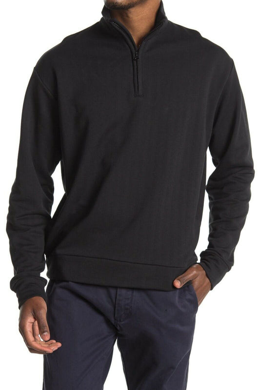 Thomas Dean Mens S Black Herringbone French Terry Pullover Quarter Zip Sweater