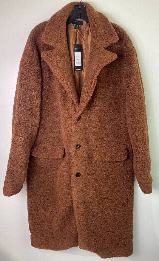 New Look Mens M Borg Revere Collar Jacket Coat Fuzzy Overcoat Rust Brown Teddy