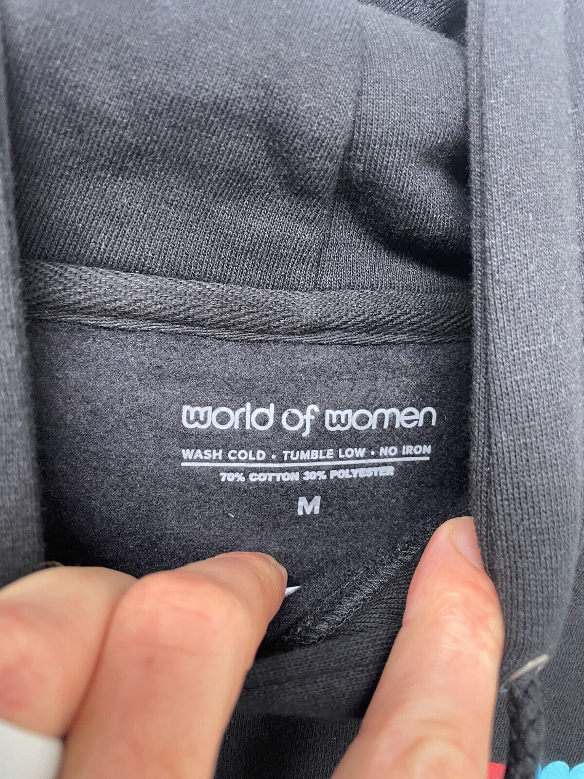 World of Women Women's L WoW Fleece Hoodie Sweatshirt Black Spellout Pockets NWT