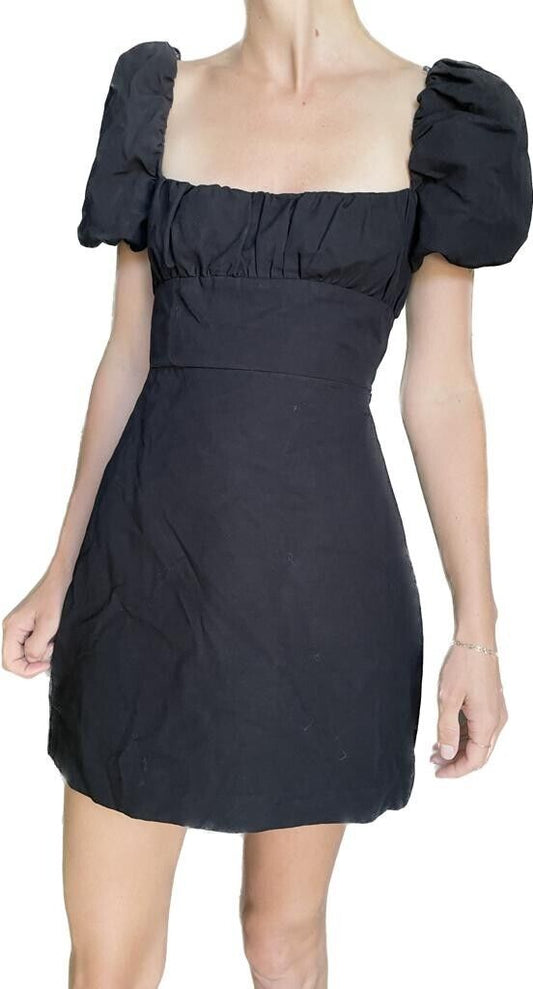 Zara Womens M Black 7385/245 Strappy Crossing Back Puff Sleeve Mini Dress Linen