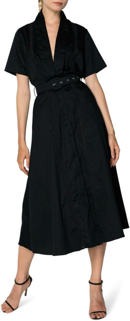 S/W/F Womens L Black Freedom Plunge Lace Trim Midi Dress Cotton Belted SWF