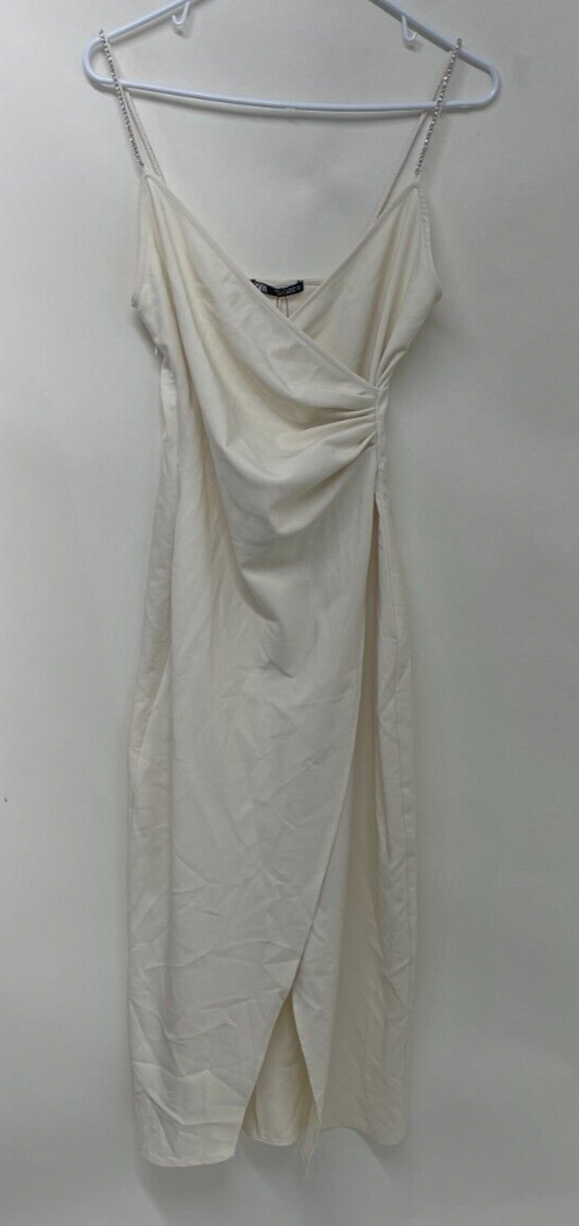 Zara Womens S Cocktail Dress Ivory Sparkly Rhinestone Strap Front Slit 2554/880