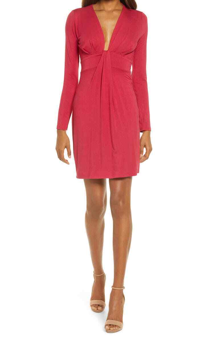 Fraiche by J Womens S Wine Magenta Pink Deep Neck Long Sleeve Sheath Mini Dress