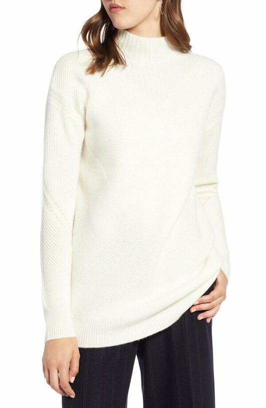 Halogen Womens XS Ivory Cloud Wool & Cashmere Turtleneck Sweater Tunic Mock Neck