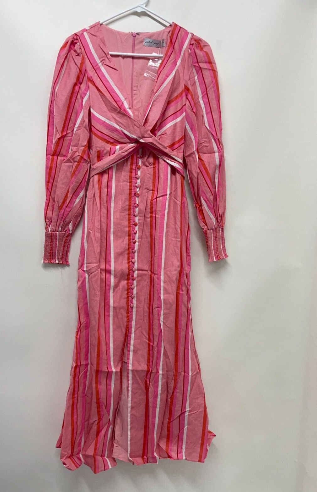Petal + Pup Women's S Senorita Long Puff Sleeve Dress Pink Stripe Midi V-Neck