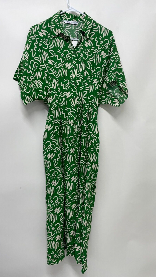 ZARA Women's XS Long Print Dress Green 2183/048 Maxi Pleated Button-Front NWT