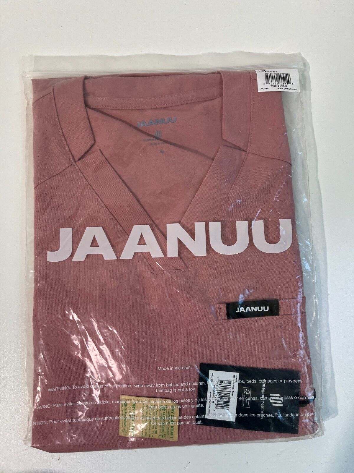 JAANUU Women's M Helia Slim Fit Notched V-Neck Scrub Top Mauve Pink W10015