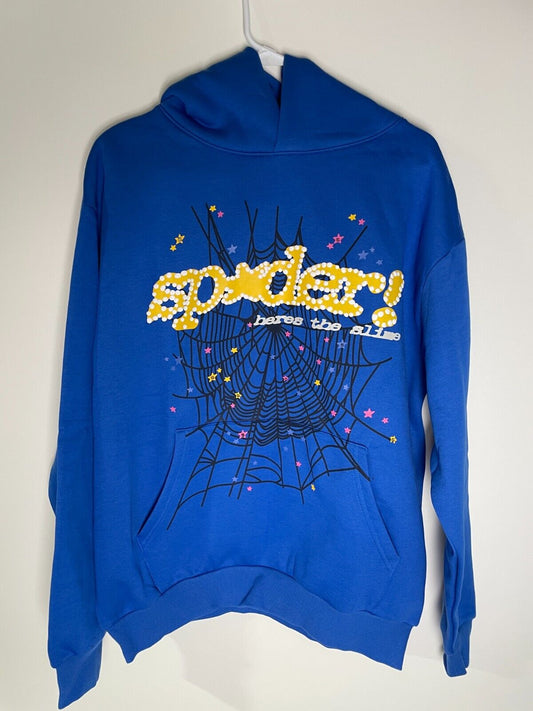 Sp5der Men's L Bares The Slime Spider Web TC Blue Hoodie Pullover Streetwear