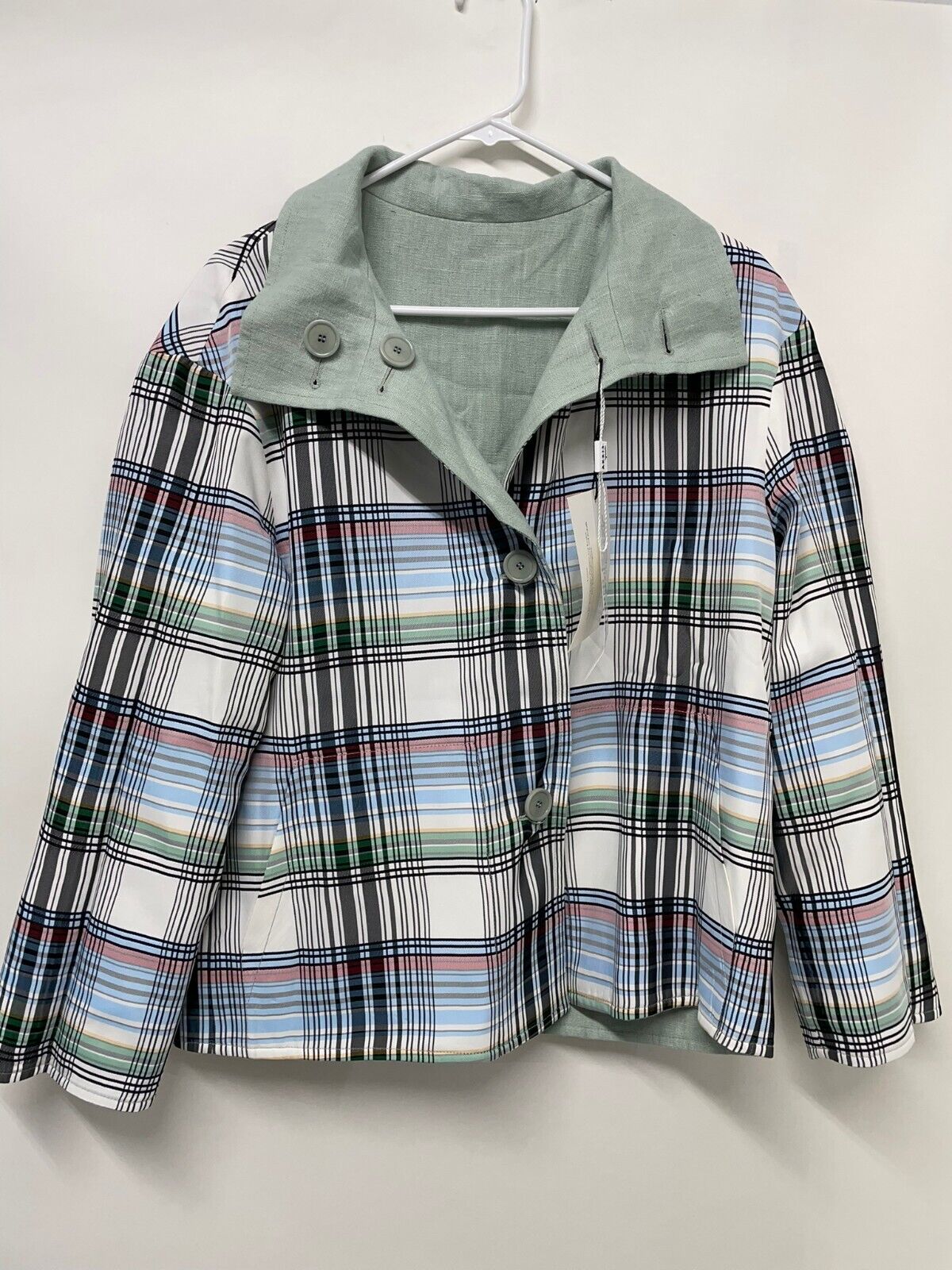 Akris Punto Womens 8 Reversible Linen Jacket Mint Green Plaid Blazer