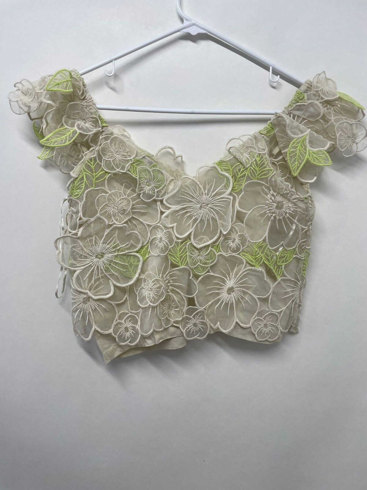 by anthropologie Women XS Sheer Applique Crop Top Floral Ivory Neon Green Blouse