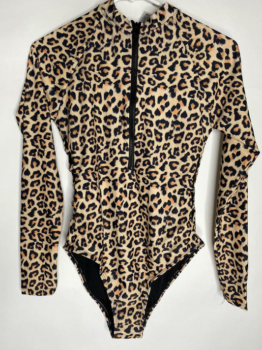 Ka'Lure Womens M Leopard Sleeved Cutout Zip Up Rashguard One Piece Swimsuit