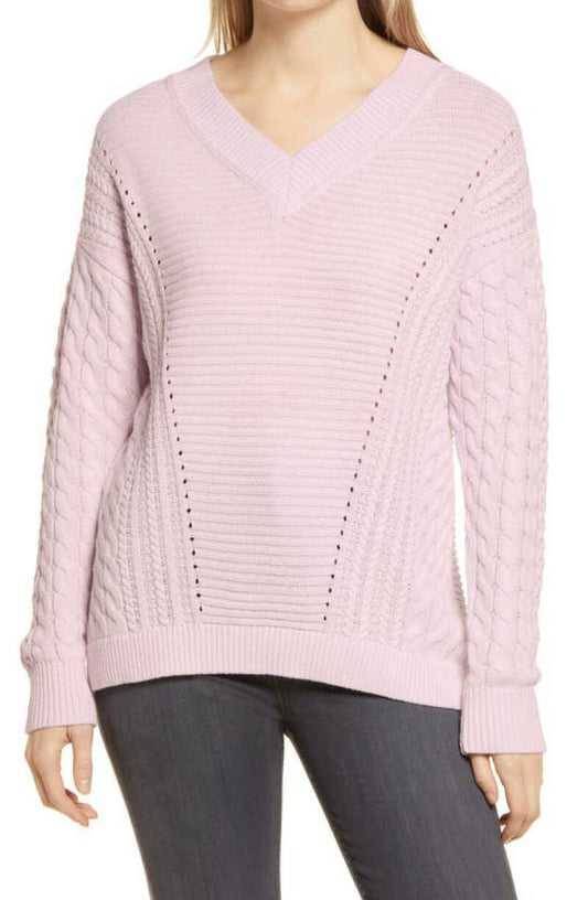Caslon Womens S Cable V-Neck Pointelle Sweater Pullover Knit Pink Ice