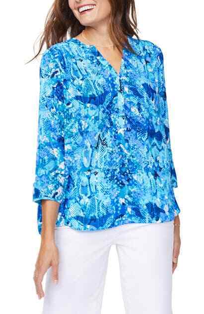 Curves 360 NYDJ Womens XS Blue Surfside The Perfect Blouse Top 3/4 Sleeve