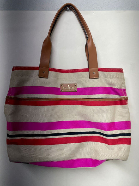 kate spade new york Womens Oak Island Stripe Tote Bag Canvas Brown Leather Purse