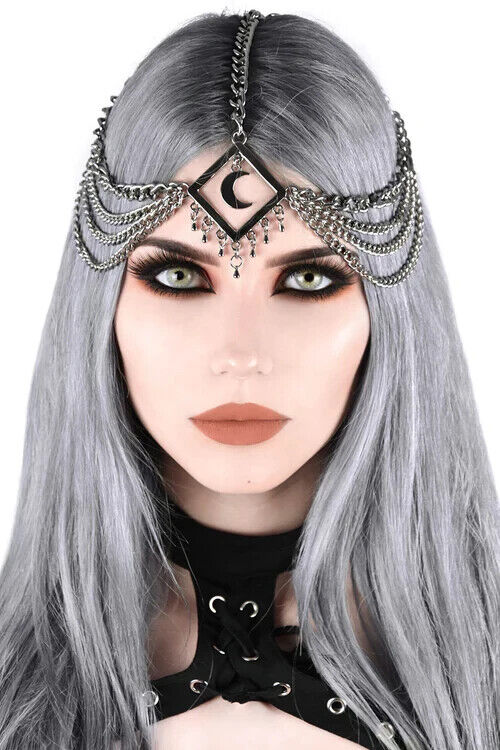 Killstar Women's OS Temptress Headdress Silver-Tone Crescent Moon Fringe NWT