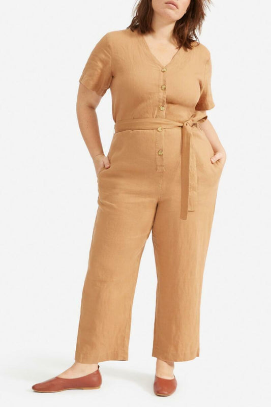 Everlane Womens 12 Tawny Brown The Short Sleeve Linen Jumpsuit Button Down Belt