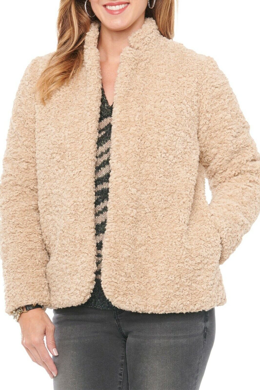 Democracy Womens M Pebble Beige Shearling Faux Fur Jacket Stand Collar Plush