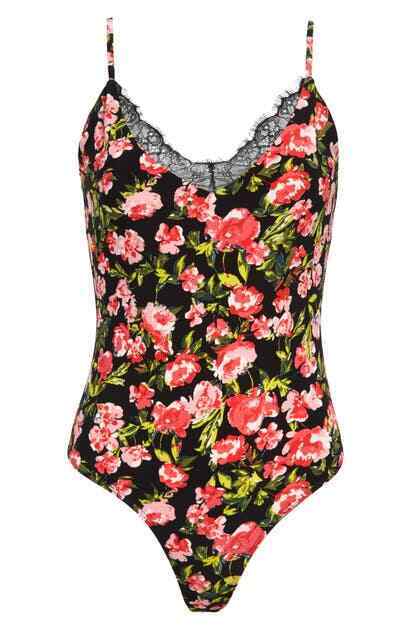 Leith Womens Black Spring Medley Floral Lace Trim Thong Bodysuit Nordstrom